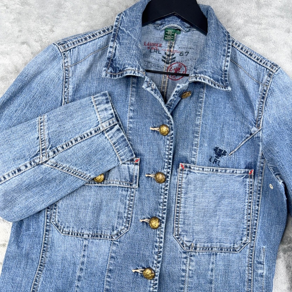 Lauren Ralph Lauren LRL Denim Chore Jacket Womens S Pockets Embellished Buttons